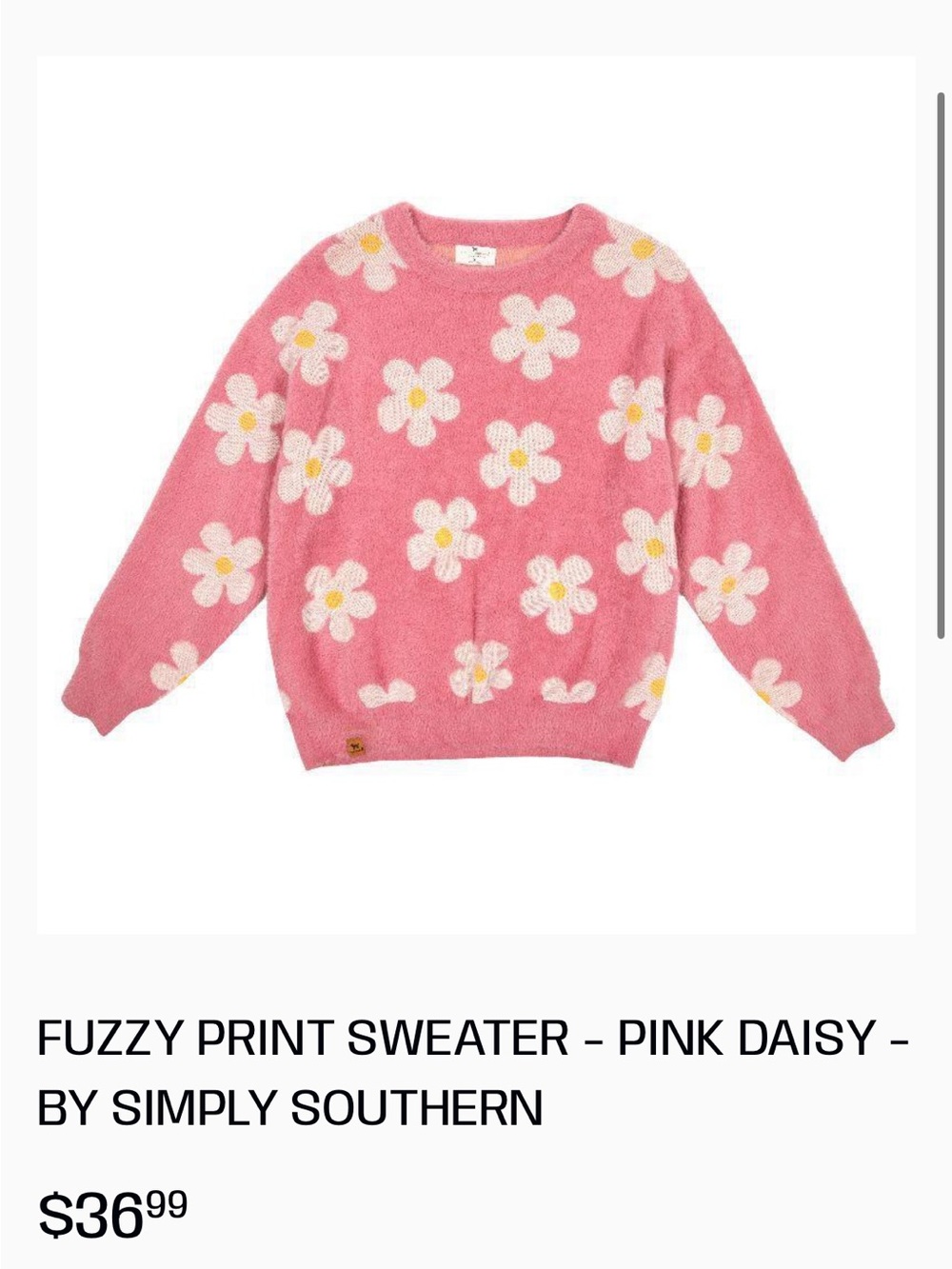 Simply southern pink fuzzy sweater with white daisys